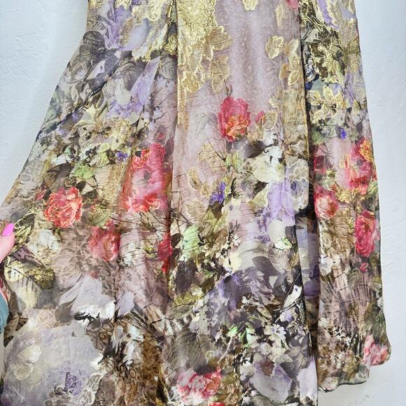 Rickie Freeman Teri Jon Gold Floral Pleated Fit and Flare Midi Cocktail Dress 8 - Picture 8 of 14